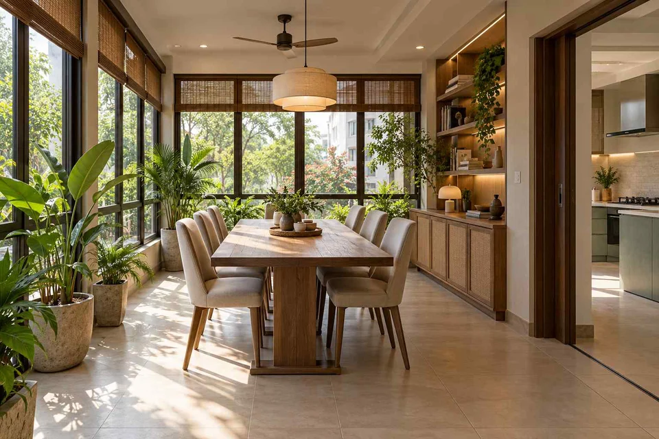AI-generated dining-room concept: enclosed-veranda dining, work-from-home reset direction