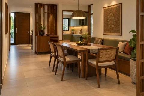 AI-generated dining-room concept: entry-gallery dining, adaptable everyday dining direction