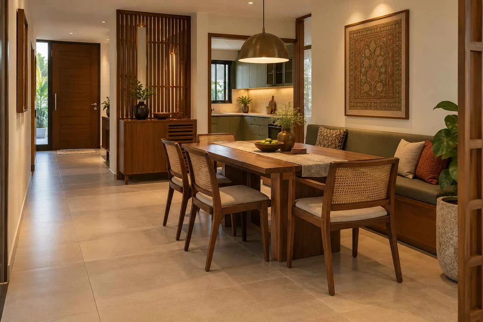 AI-generated dining-room concept: entry-gallery dining, adaptable everyday dining direction