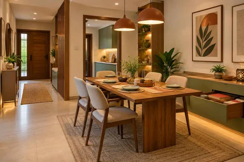 AI-generated dining-room concept: entry-gallery dining, board-game supper direction