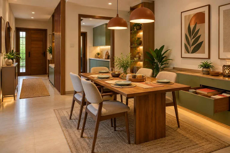 AI-generated dining-room concept: entry-gallery dining, board-game supper direction