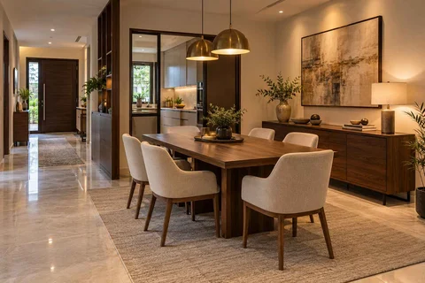 AI-generated dining-room concept: entry-gallery dining, buffet-side gathering direction