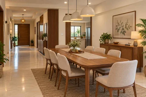 AI-generated dining-room concept: entry-gallery dining, children's everyday meals direction