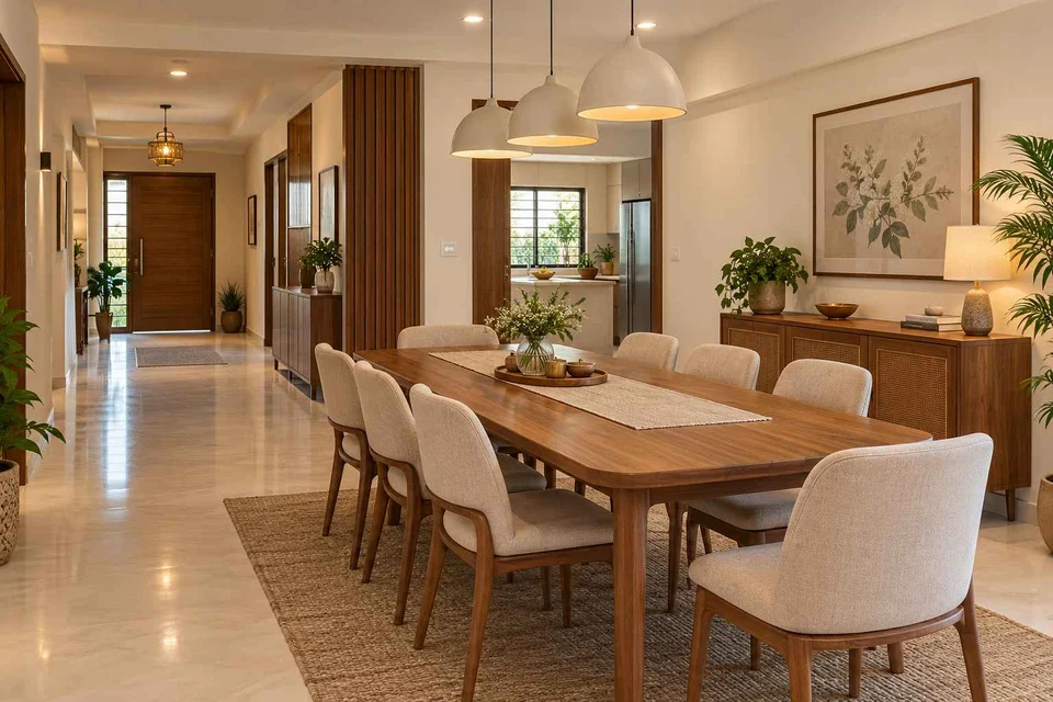AI-generated dining-room concept: entry-gallery dining, children's everyday meals direction