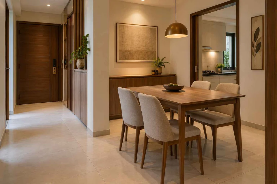 AI-generated dining-room concept: entry-gallery dining, clear-table daily reset direction