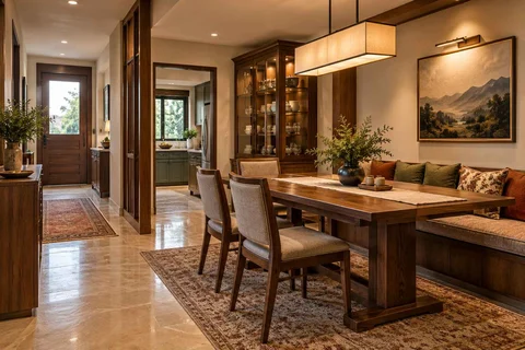AI-generated dining-room concept: entry-gallery dining, cool-season family table direction