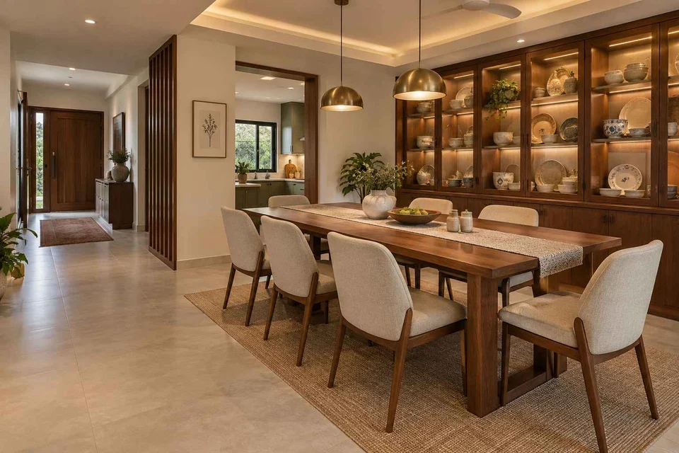 AI-generated dining-room concept: entry-gallery dining, crockery collection display direction