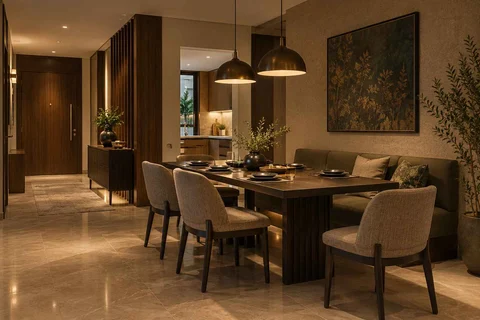AI-generated dining-room concept: entry-gallery dining, evening candleless dinner direction