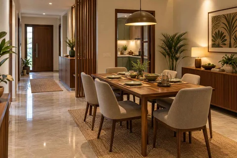 AI-generated dining-room concept: entry-gallery dining, everyday family supper direction
