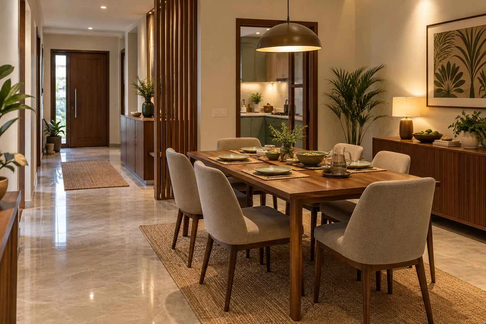 AI-generated dining-room concept: entry-gallery dining, everyday family supper direction
