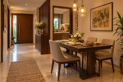 AI-generated dining-room concept: entry-gallery dining, festival meal preparation direction