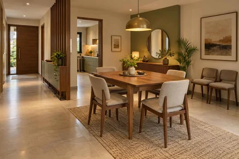 AI-generated dining-room concept: entry-gallery dining, flexible extra seats direction