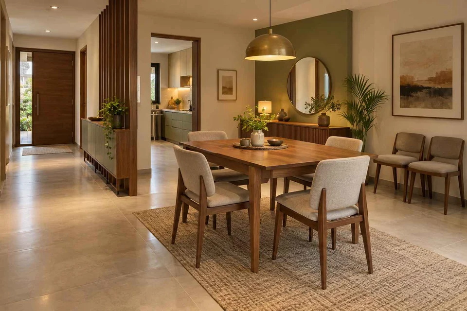 AI-generated dining-room concept: entry-gallery dining, flexible extra seats direction