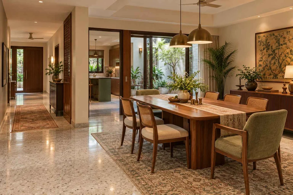 AI-generated dining-room concept: entry-gallery dining, grandparents and grandchildren direction