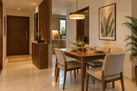 AI-generated dining-room concept: entry-gallery dining, guest welcome meal direction