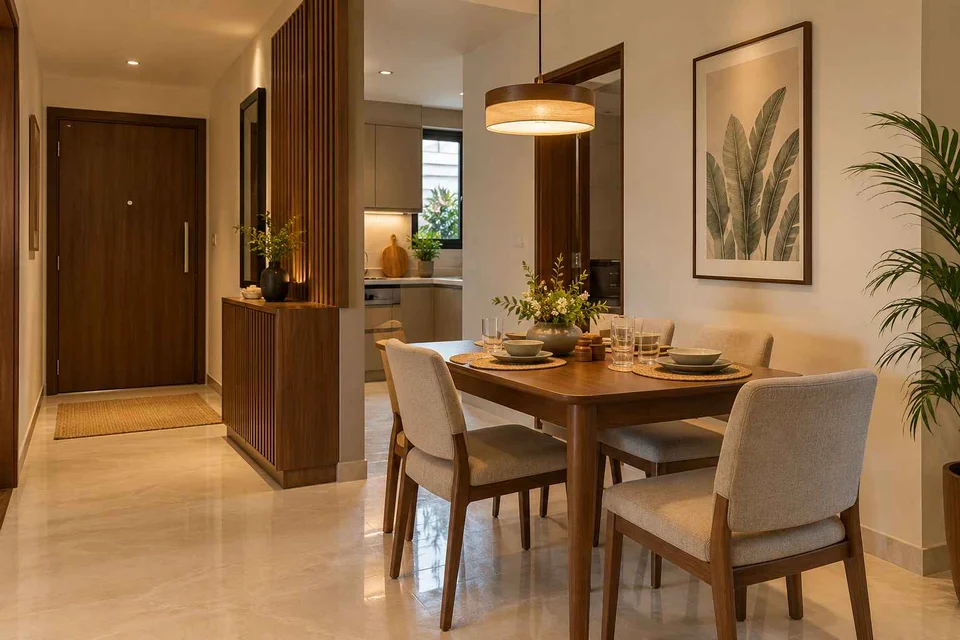 AI-generated dining-room concept: entry-gallery dining, guest welcome meal direction