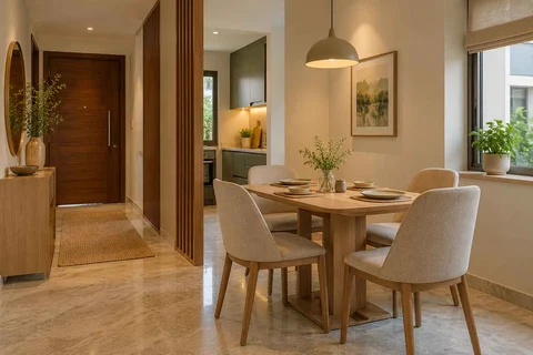 AI-generated dining-room concept: entry-gallery dining, homegrown herb table direction