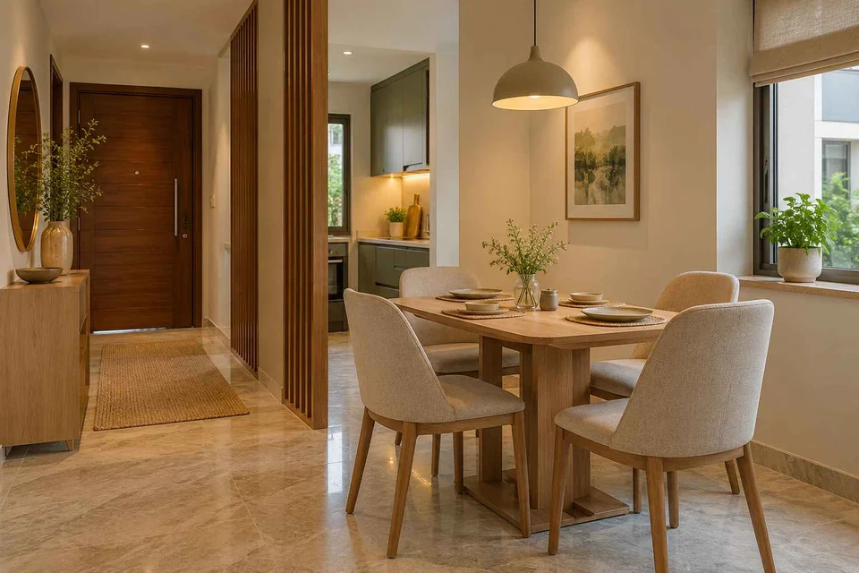 AI-generated dining-room concept: entry-gallery dining, homegrown herb table direction