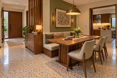 AI-generated dining-room concept: entry-gallery dining, homework-to-dinner transition direction