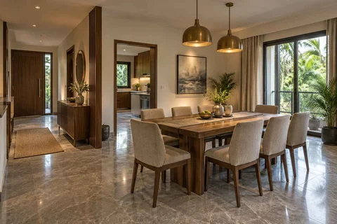 AI-generated dining-room concept: entry-gallery dining, monsoon lunch light direction