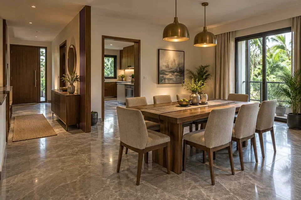 AI-generated dining-room concept: entry-gallery dining, monsoon lunch light direction