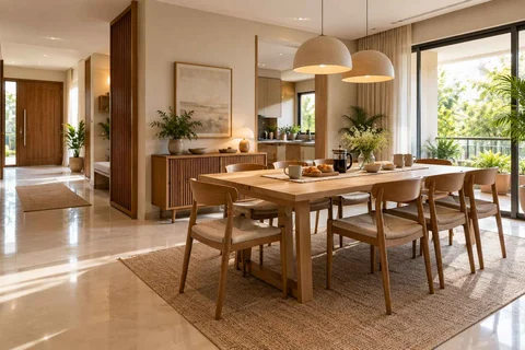 AI-generated dining-room concept: entry-gallery dining, morning breakfast rhythm direction