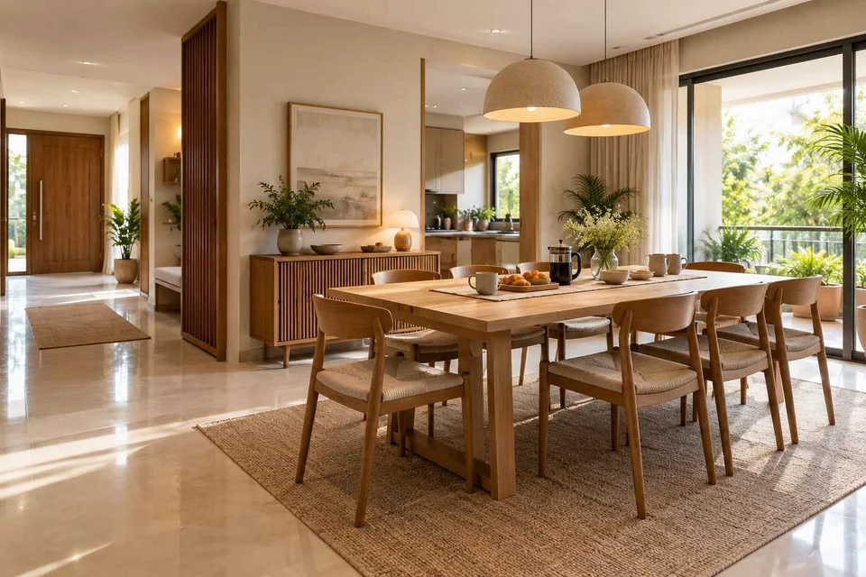 AI-generated dining-room concept: entry-gallery dining, morning breakfast rhythm direction