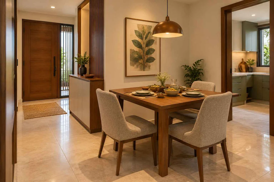 AI-generated dining-room concept: entry-gallery dining, serving bowl sharing direction
