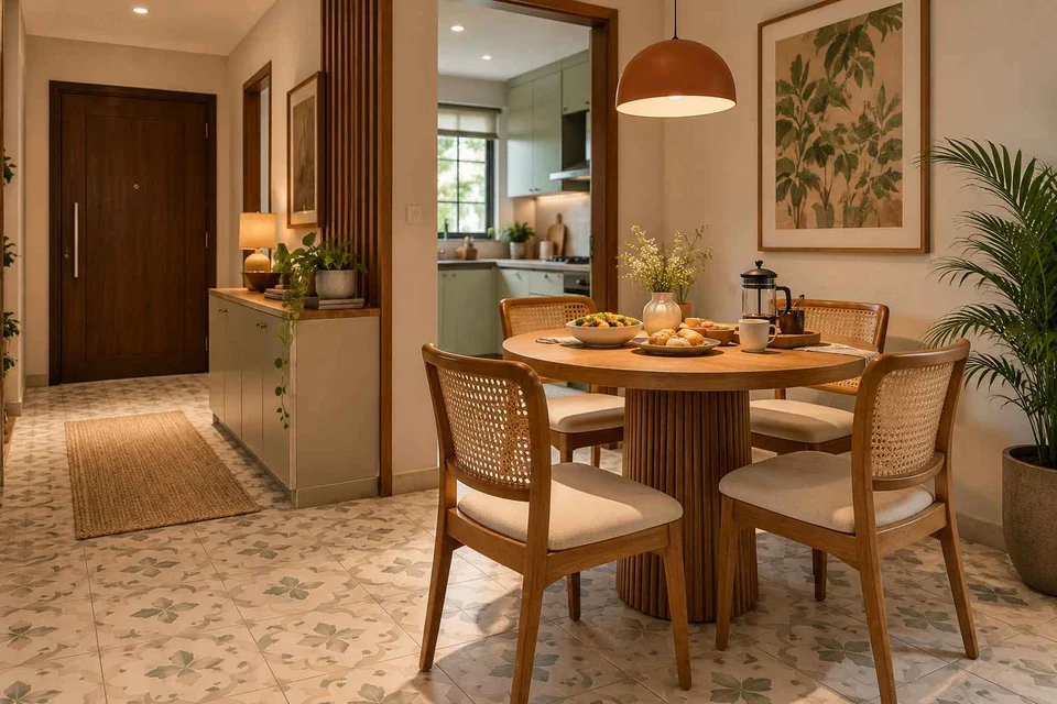 AI-generated dining-room concept: entry-gallery dining, slow weekend brunch direction