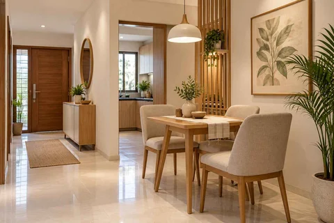 AI-generated dining-room concept: entry-gallery dining, summer-airiness dining direction