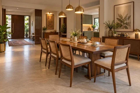 AI-generated dining-room concept: entry-gallery dining, tea with friends direction