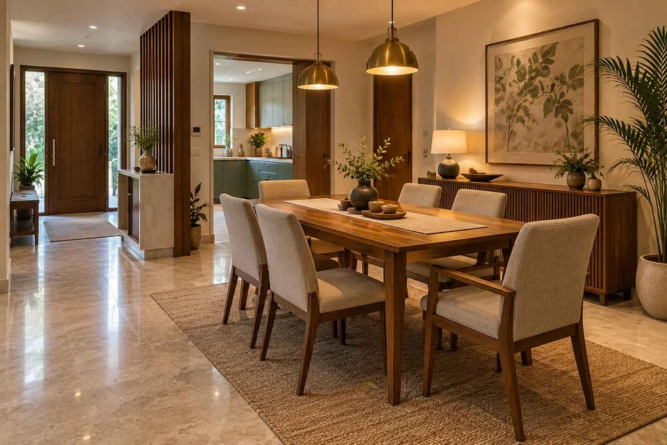 AI-generated dining-room concept: entry-gallery dining, visiting-parents meal direction