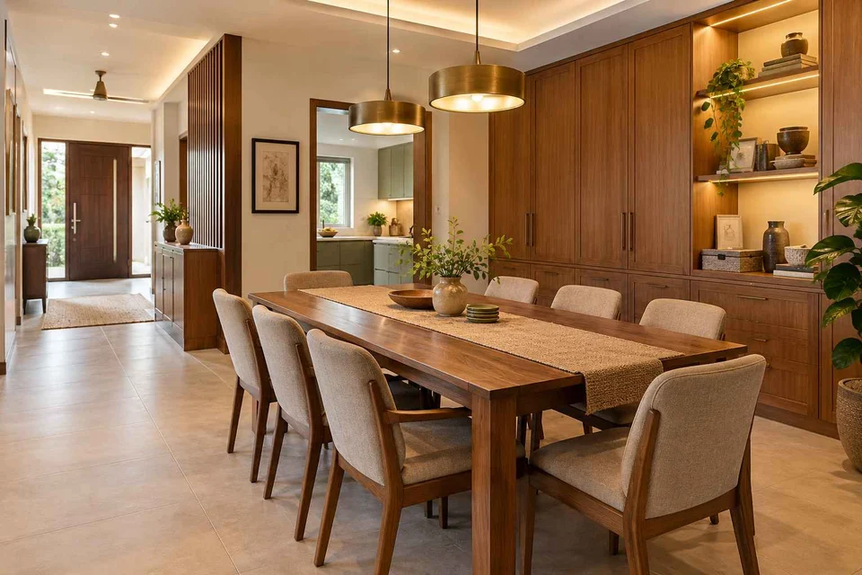 AI-generated dining-room concept: entry-gallery dining, weekend craft-to-meal reset direction