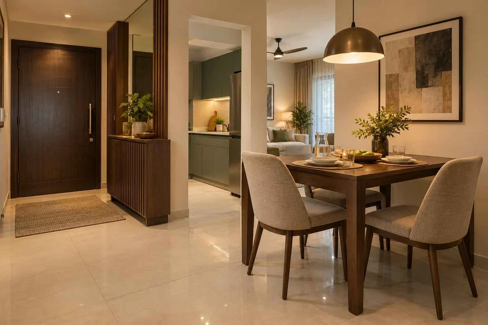 AI-generated dining-room concept: entry-gallery dining, weeknight compact hosting direction