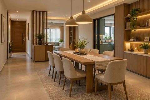 AI-generated dining-room concept: entry-gallery dining, work-from-home reset direction