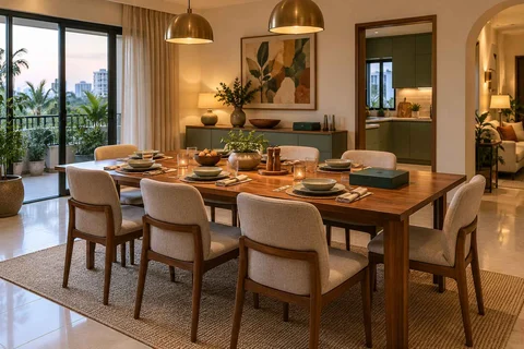 AI-generated dining-room concept: family-table dining, board-game supper direction
