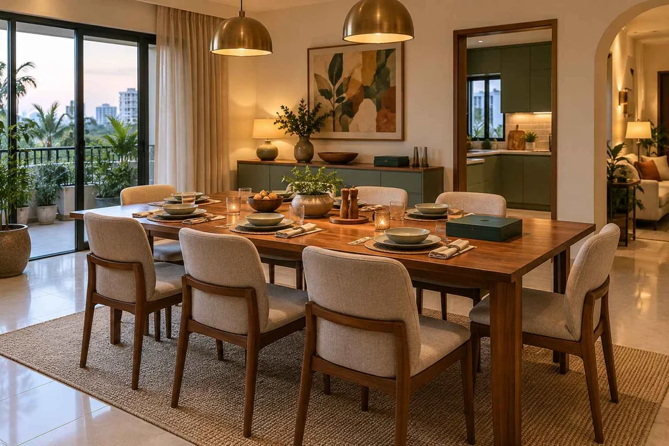 AI-generated dining-room concept: family-table dining, board-game supper direction