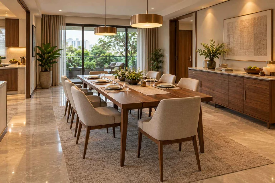 AI-generated dining-room concept: family-table dining, buffet-side gathering direction