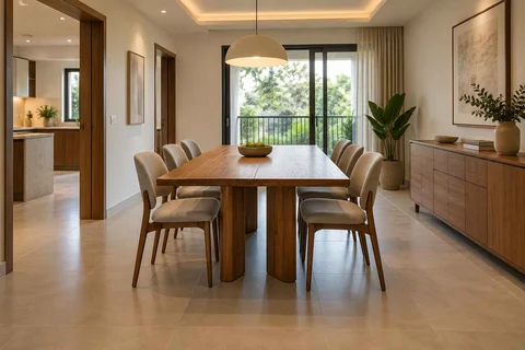 AI-generated dining-room concept: family-table dining, clear-table daily reset direction