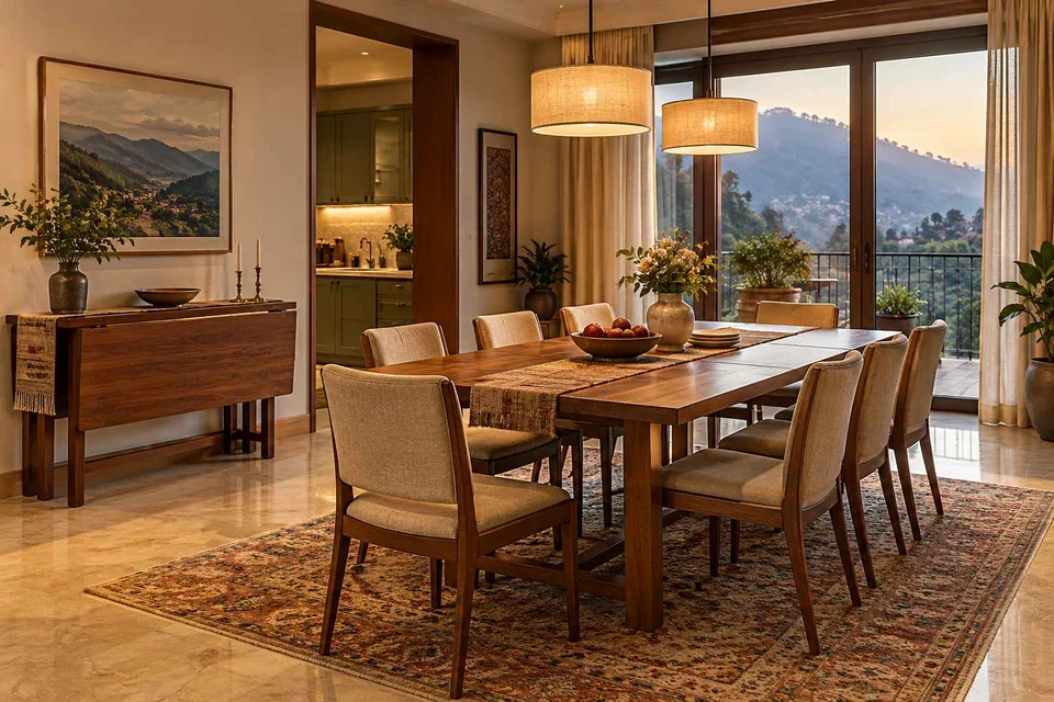 AI-generated dining-room concept: family-table dining, cool-season family table direction
