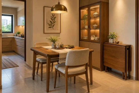 AI-generated dining-room concept: family-table dining, crockery collection display direction