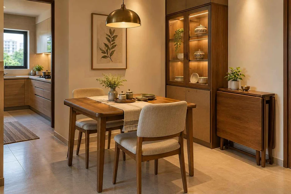 AI-generated dining-room concept: family-table dining, crockery collection display direction