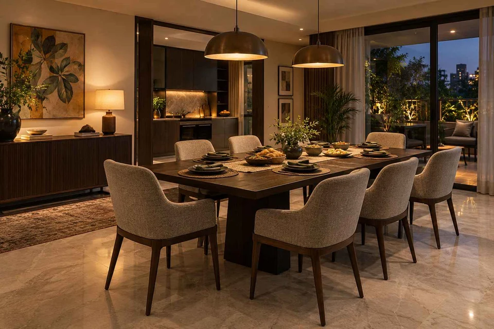 AI-generated dining-room concept: family-table dining, evening candleless dinner direction