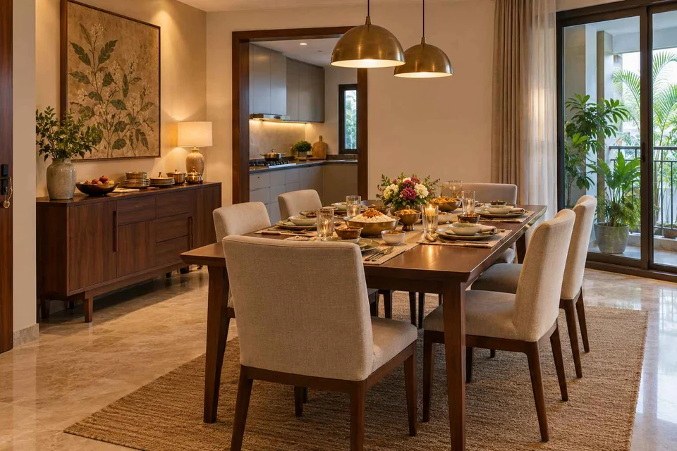 AI-generated dining-room concept: family-table dining, festival meal preparation direction