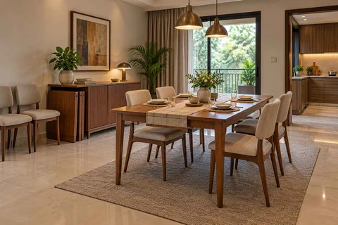 AI-generated dining-room concept: family-table dining, flexible extra seats direction