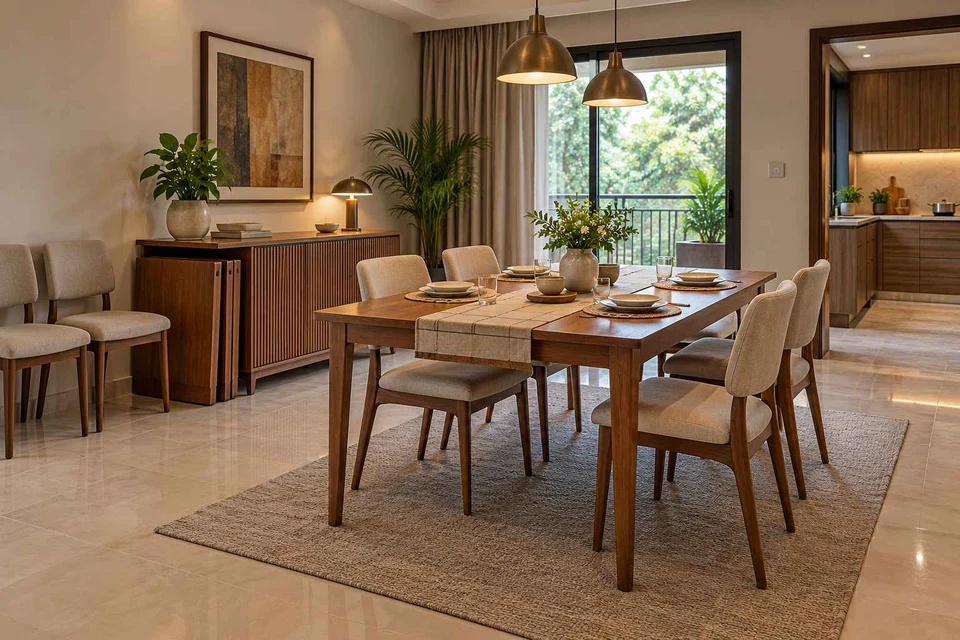 AI-generated dining-room concept: family-table dining, flexible extra seats direction