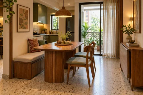 AI-generated dining-room concept: family-table dining, grandparents and grandchildren direction