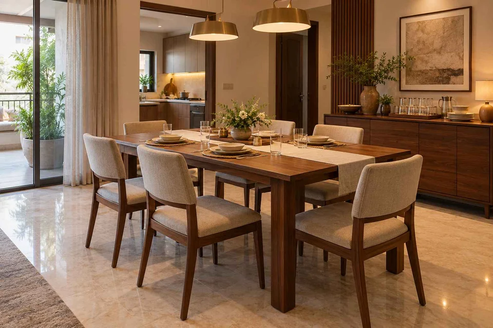 AI-generated dining-room concept: family-table dining, guest welcome meal direction