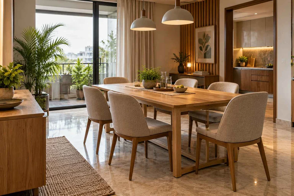 AI-generated dining-room concept: family-table dining, homegrown herb table direction