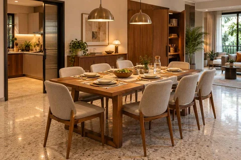 AI-generated dining-room concept: family-table dining, homework-to-dinner transition direction